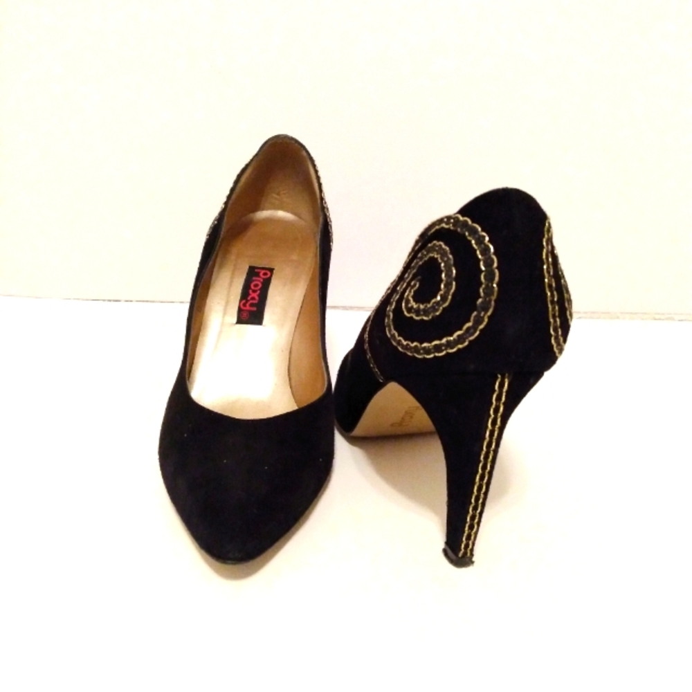 Proxy Black Gold Embellished Faux Suede Point Toe Evening Pump 3 1/2" Heels 9 M